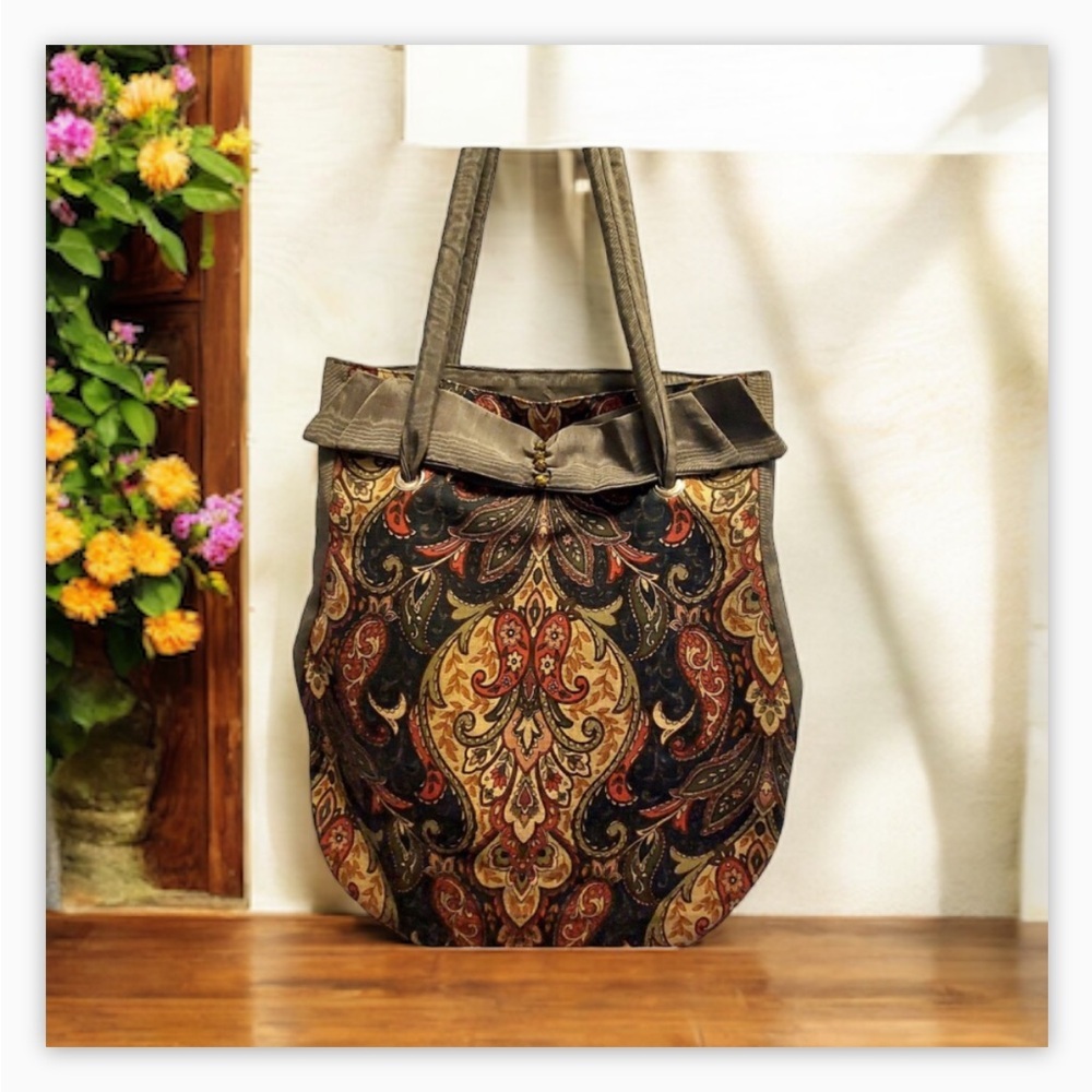 VTG-Handmade-Fabric Paisley Print Oval Bag w/ Fabric Bound Handle/Bow/Beads-SzM​